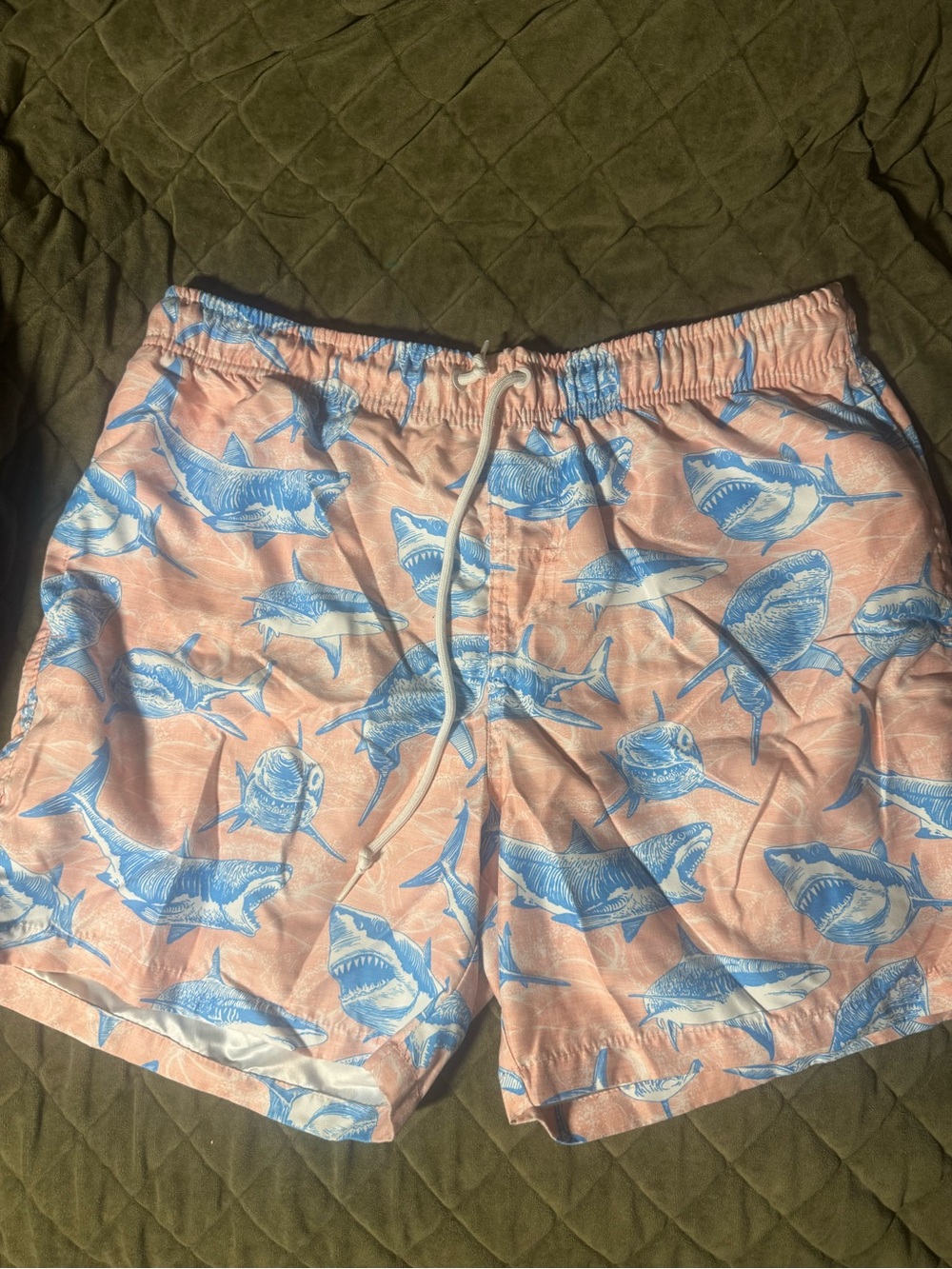 Ring of Fire Pink Swim Trunks with Blue Shark Print